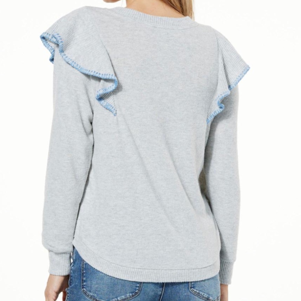 Heather Off-White/Tan.- Democracy Brushed LT WT Sweater Knit Ruffled Top PLUS 1X - Picture 2 of 2